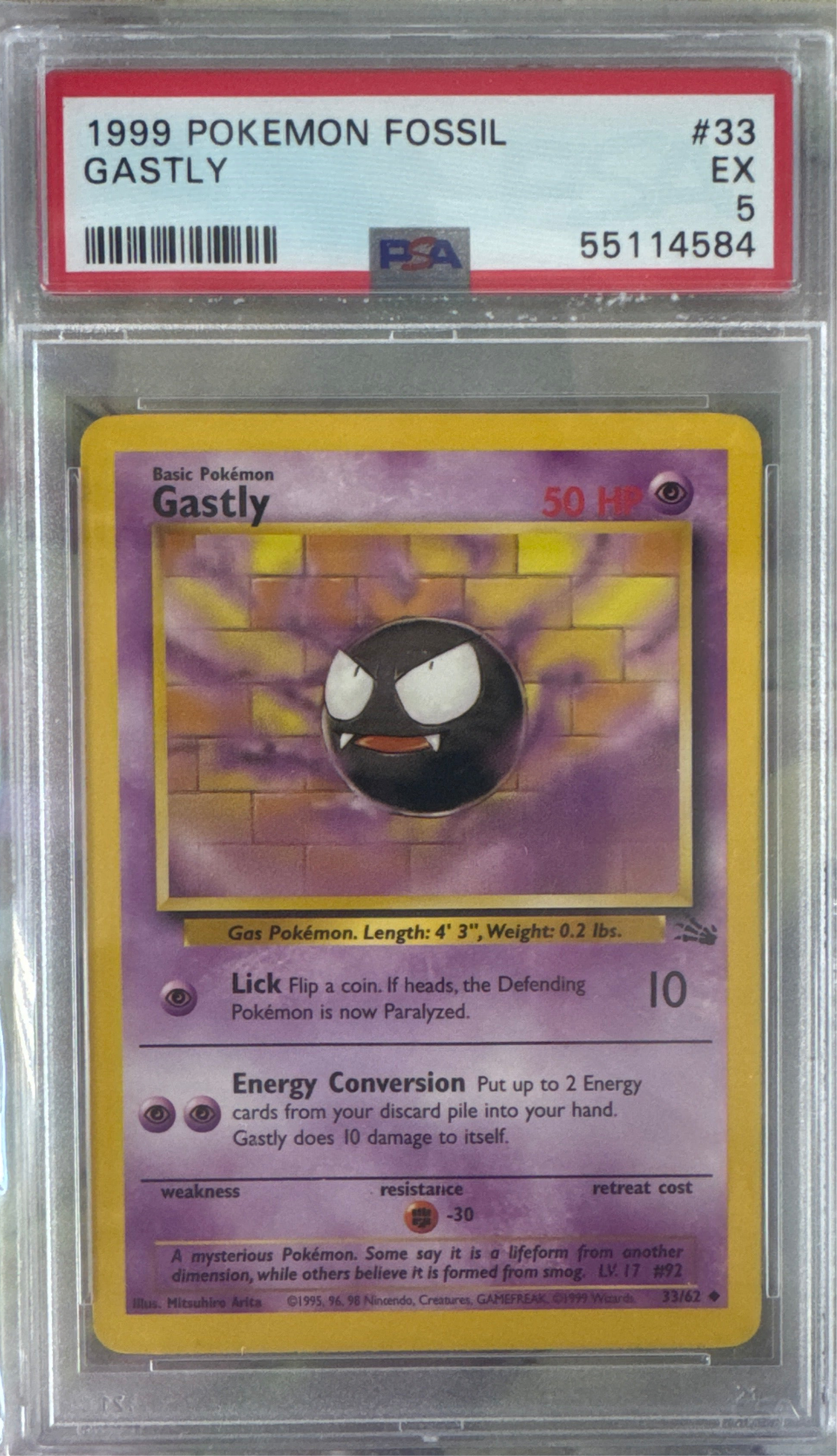 1999 POKEMON FOSSIL #33 GASTLY PSA 5