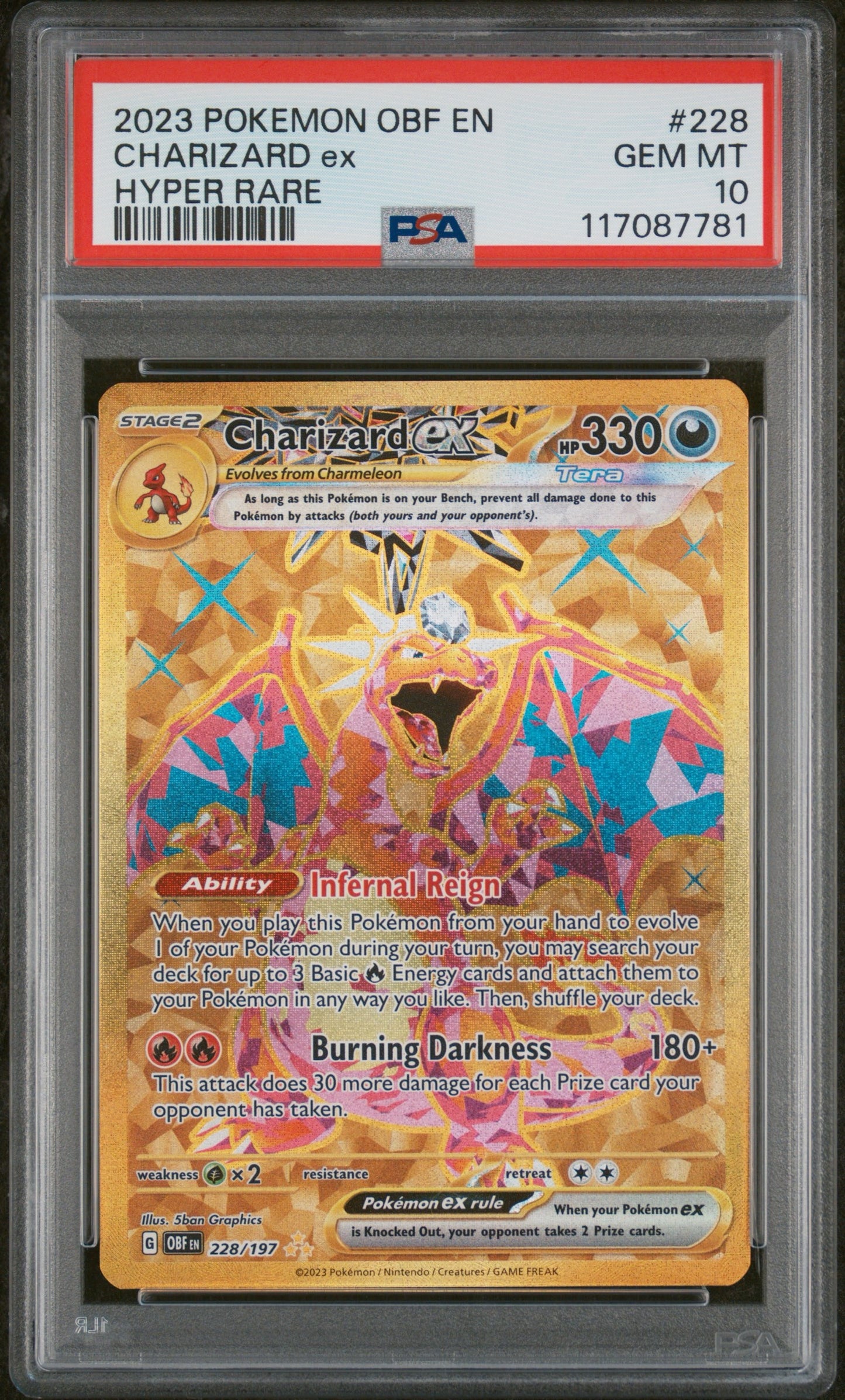 2023 POKEMON OBF EN-OBSIDIAN FLAMES #228 CHARIZARD EX HYPER RARE PSA 10