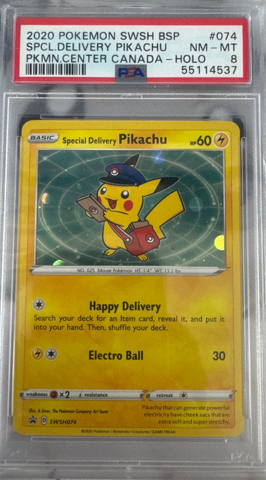 2020 POKEMON SWSH BLACK STAR PROMO #074 SPCL. DELIVERY PIKACHU PKMN. CENTER CANADA- HOLO PSA 8