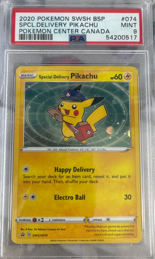 2020 POKEMON SWSH BLACK STAR PROMO #074 SPCL. DELIVERY PIKACHU PKMN. CENTER CANADA- HOLO PSA 9
