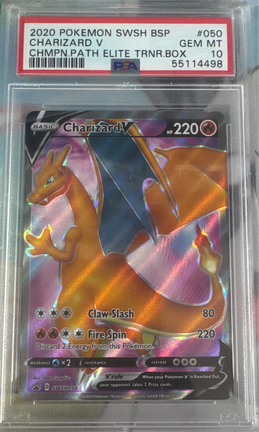 2020 POKEMON SWSH BLACK STAR PROMO #050 CHARIZARD V CHMPN.PATH ELITE TRNR.BOX PSA 10