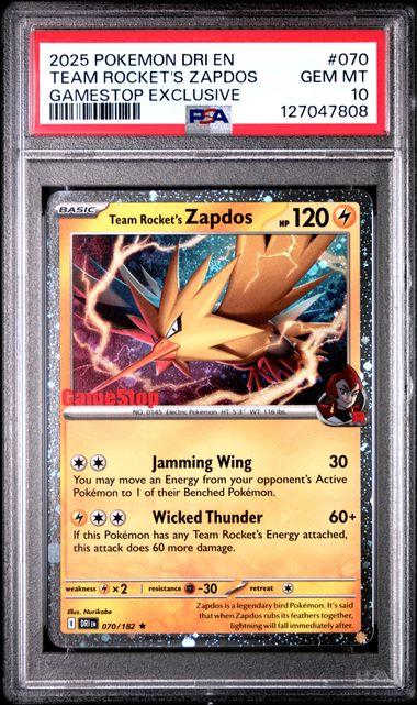 2025 POKEMON DRI EN-DESTINED RIVALS #070 TEAM ROCKET'S ZAPDOS GAMESTOP EXCLUSIVE PSA 10