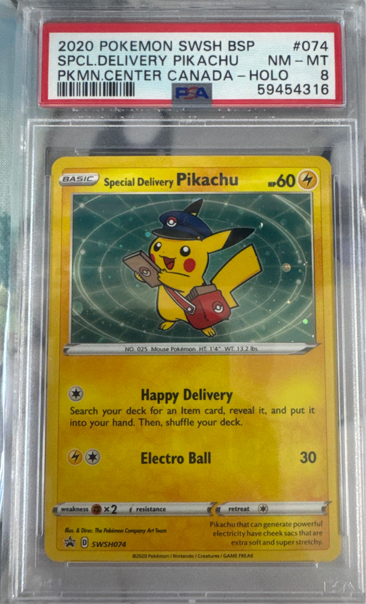 2020 POKEMON SWSH BLACK STAR PROMO #074 SPCL. DELIVERY PIKACHU PKMN. CENTER CANADA- HOLO PSA 8