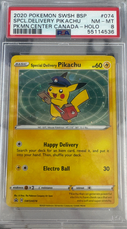 2020 POKEMON SWSH BLACK STAR PROMO #074 SPCL. DELIVERY PIKACHU PKMN. CENTER CANADA- HOLO PSA 8