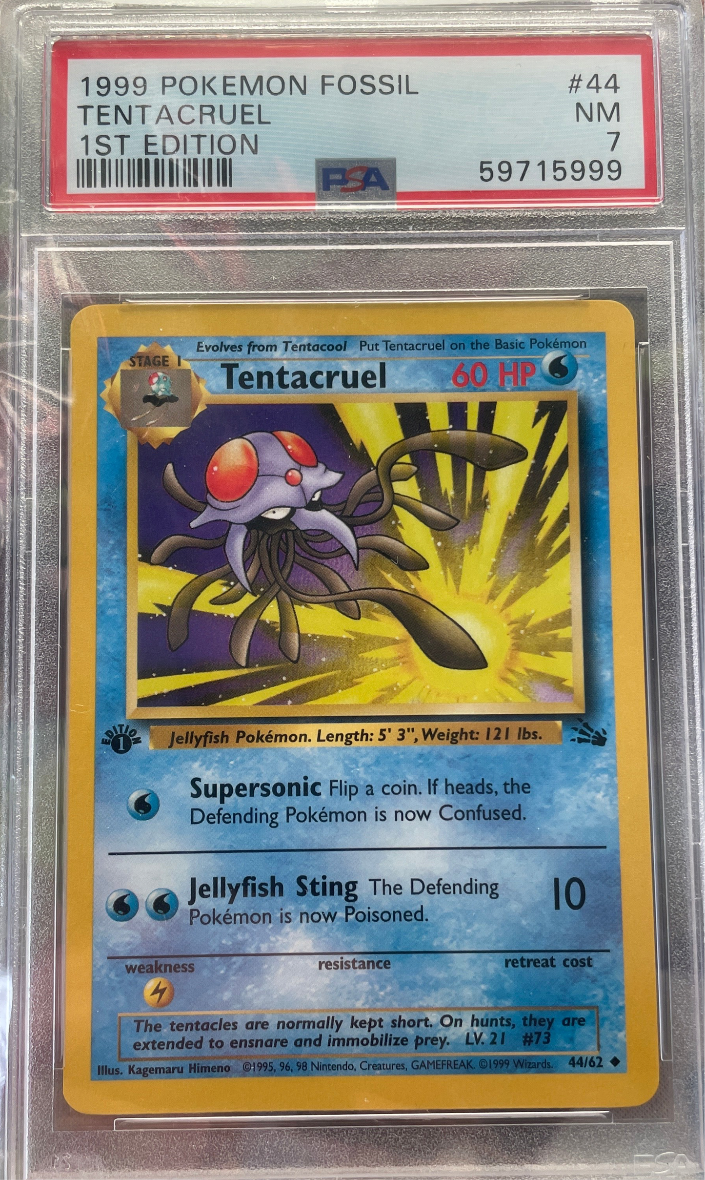 1999 POKEMON FOSSIL #44 TENTACRUEL 1ST EDITION PSA 7