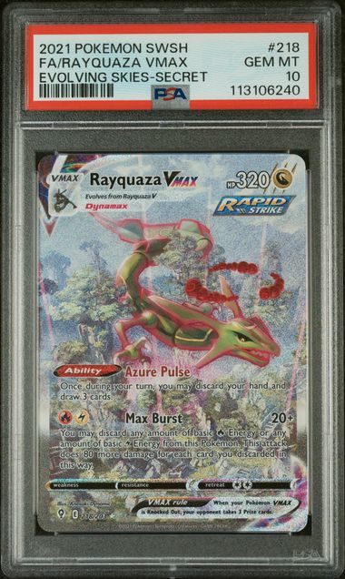 2021 POKEMON SWORD & SHIELD EVOLVING SKIES #218 FA/RAYQUAZA VMAX EVOLVING SKIES-SECRET PSA 10