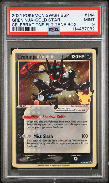 2021 POKEMON SWSH BLACK STAR PROMO #144 GRENINJA-GOLD STAR CELEBRATIONS ELT.TRNR.BOX PSA 9