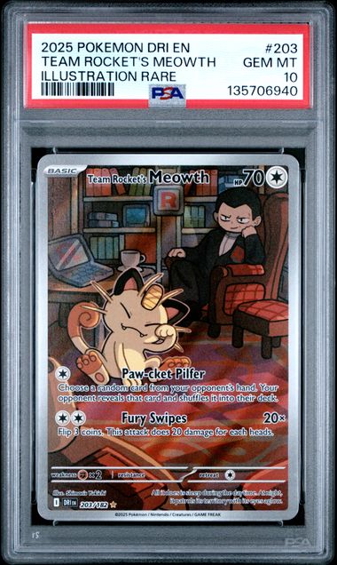 2025 POKEMON DRI EN-DESTINED RIVALS #203 TEAM ROCKET'S MEOWTH ILLUSTRATION RARE PSA 10