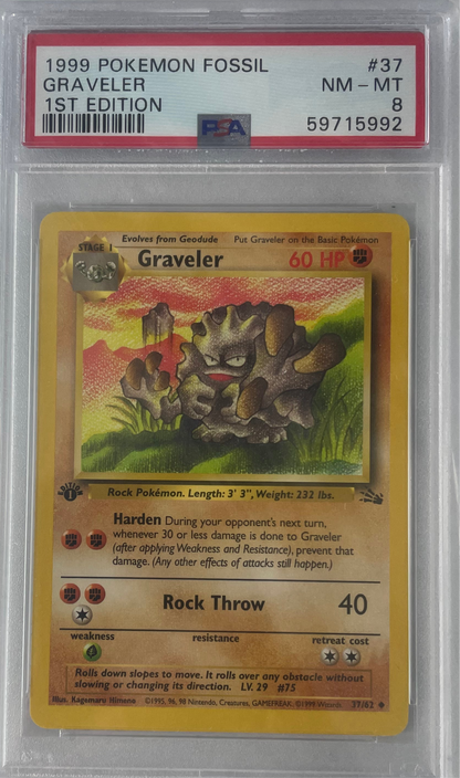 1999 POKEMON FOSSIL GRAVELER 1ST EDITION PSA 8