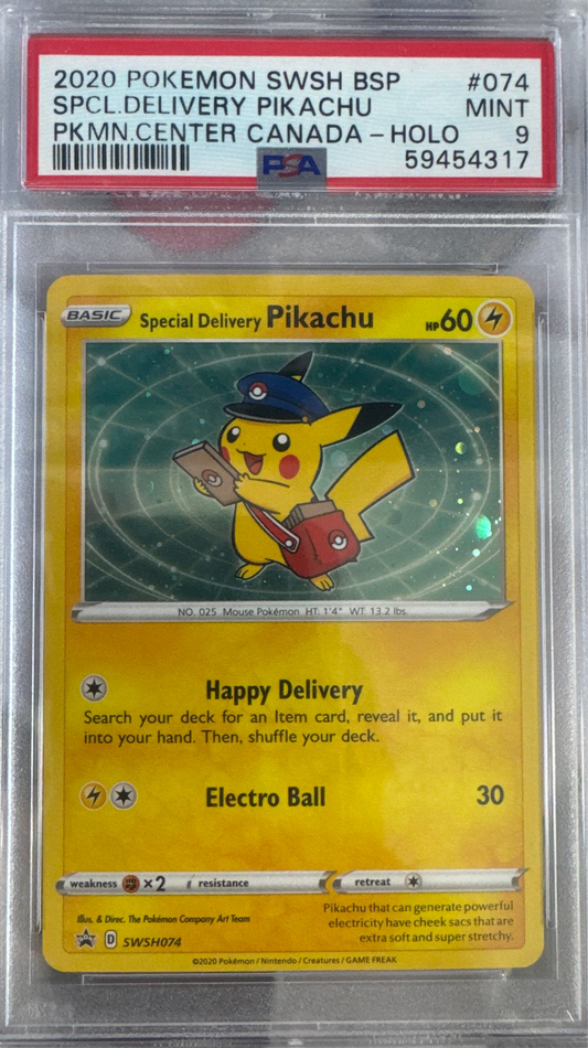 2020 POKEMON SWSH BLACK STAR PROMO #074 SPCL. DELIVERY PIKACHU PKMN. CENTER CANADA- HOLO PSA 9