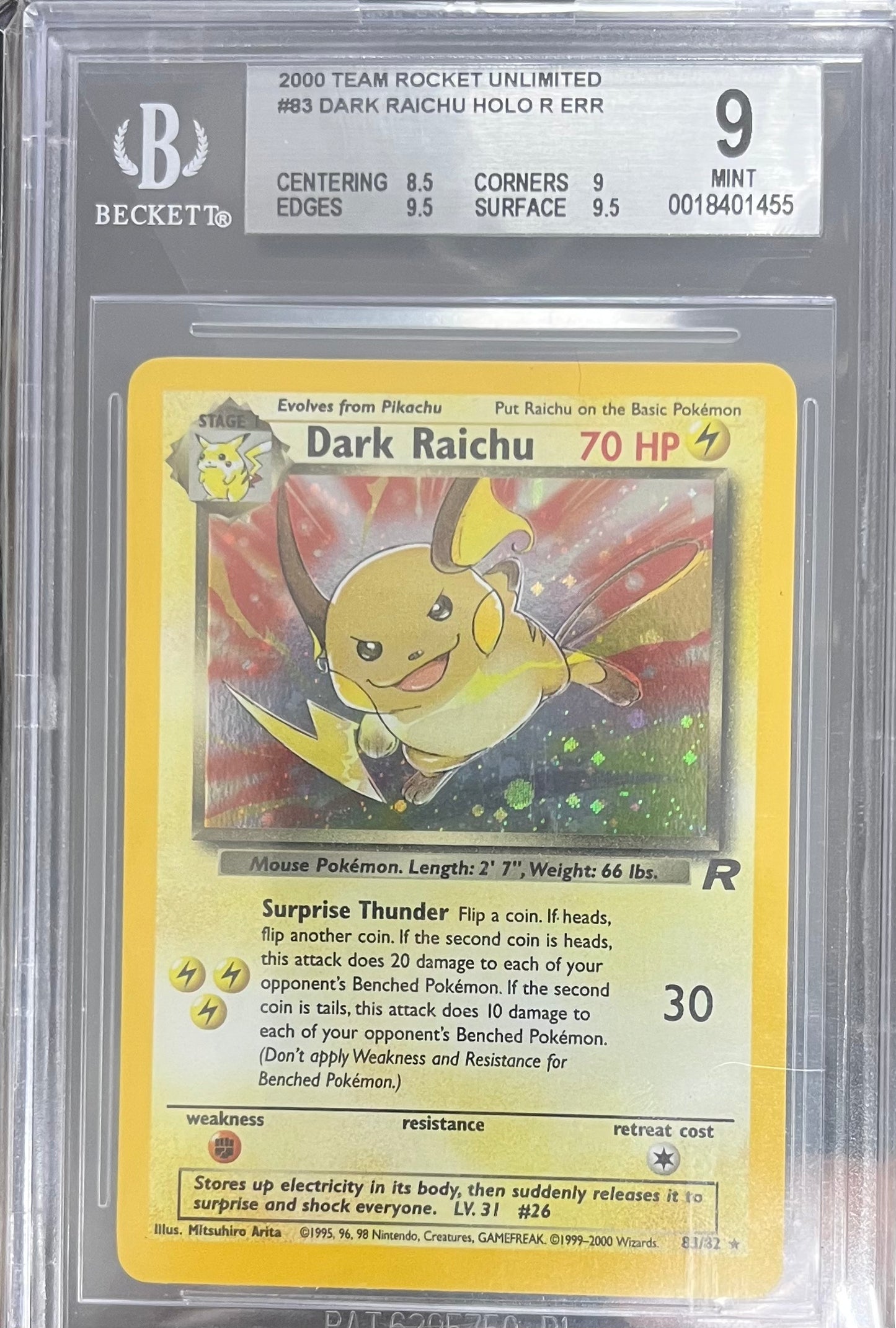 2000 TEAM ROCKET UNLIMITED #83 DARK RAICHU HOLO BGS 9