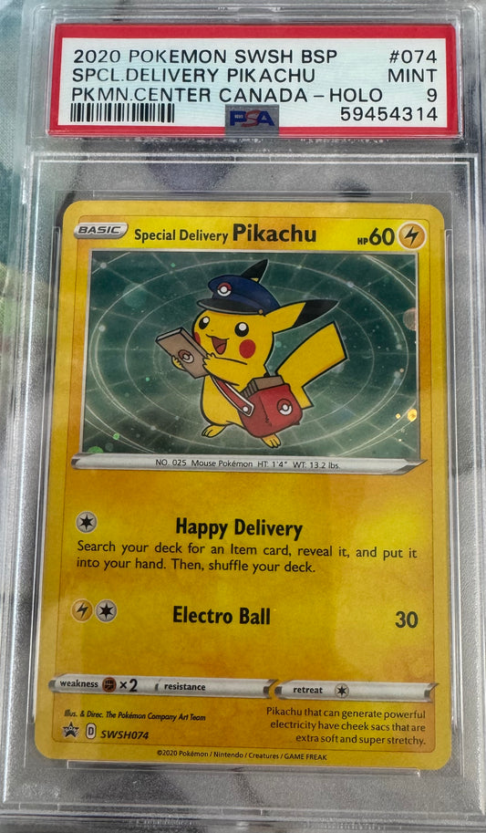 2020 POKEMON SWSH BLACK STAR PROMO #074 SPCL. DELIVERY PIKACHU PKMN. CENTER CANADA- HOLO PSA 9