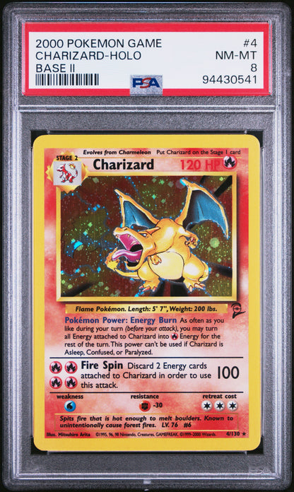 2000 POKEMON GAME BASE II #4 CHARIZARD-HOLO BASE II PSA 8
