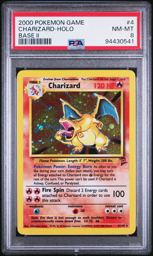 2000 POKEMON GAME BASE II #4 CHARIZARD-HOLO BASE II PSA 8