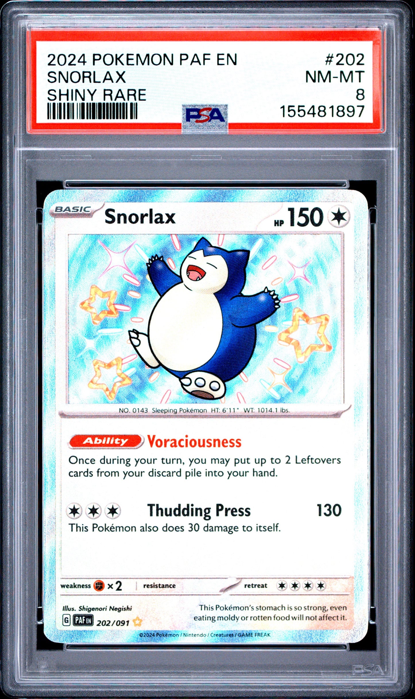 2024 POKEMON PAF EN-PALDEAN FATES #202 SNORLAX SHINY RARE PSA 8