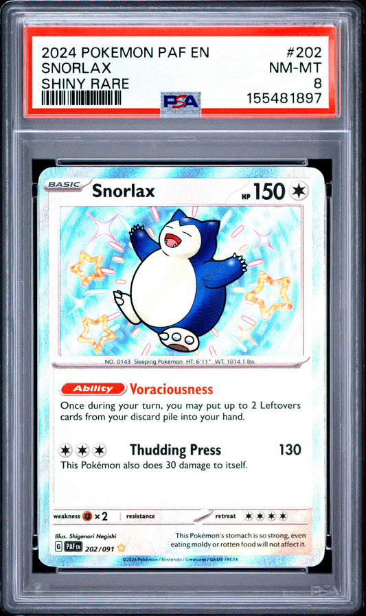2024 POKEMON PAF EN-PALDEAN FATES #202 SNORLAX SHINY RARE PSA 8