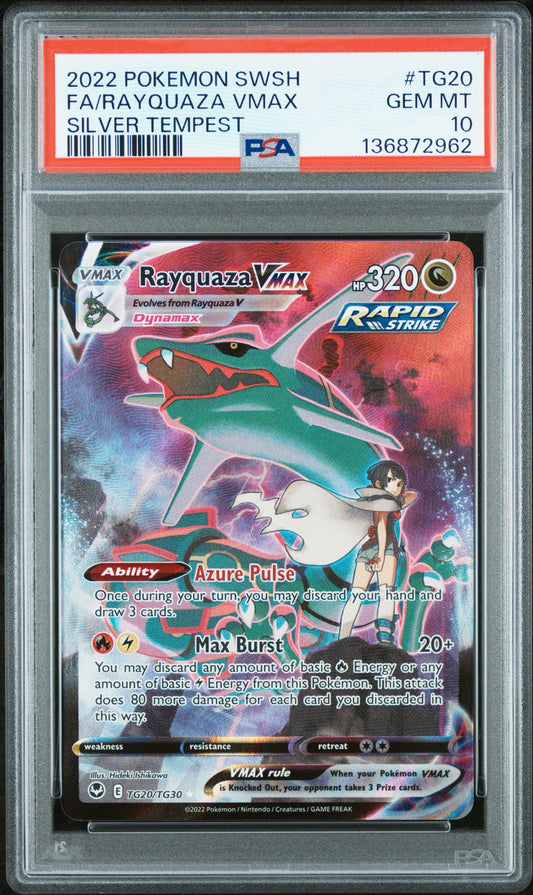2022 POKEMON SWORD & SHIELD SILVER TEMPEST #TG20 FA/RAYQUAZA VMAX SILVER TEMPEST PSA 10